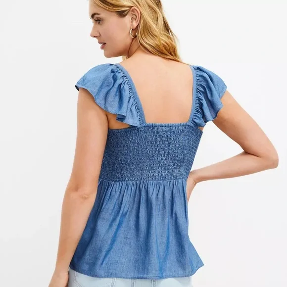 LOFT Smocked Chambray Ruffle Sleeve Top | Size Large - Picture 3 of 8